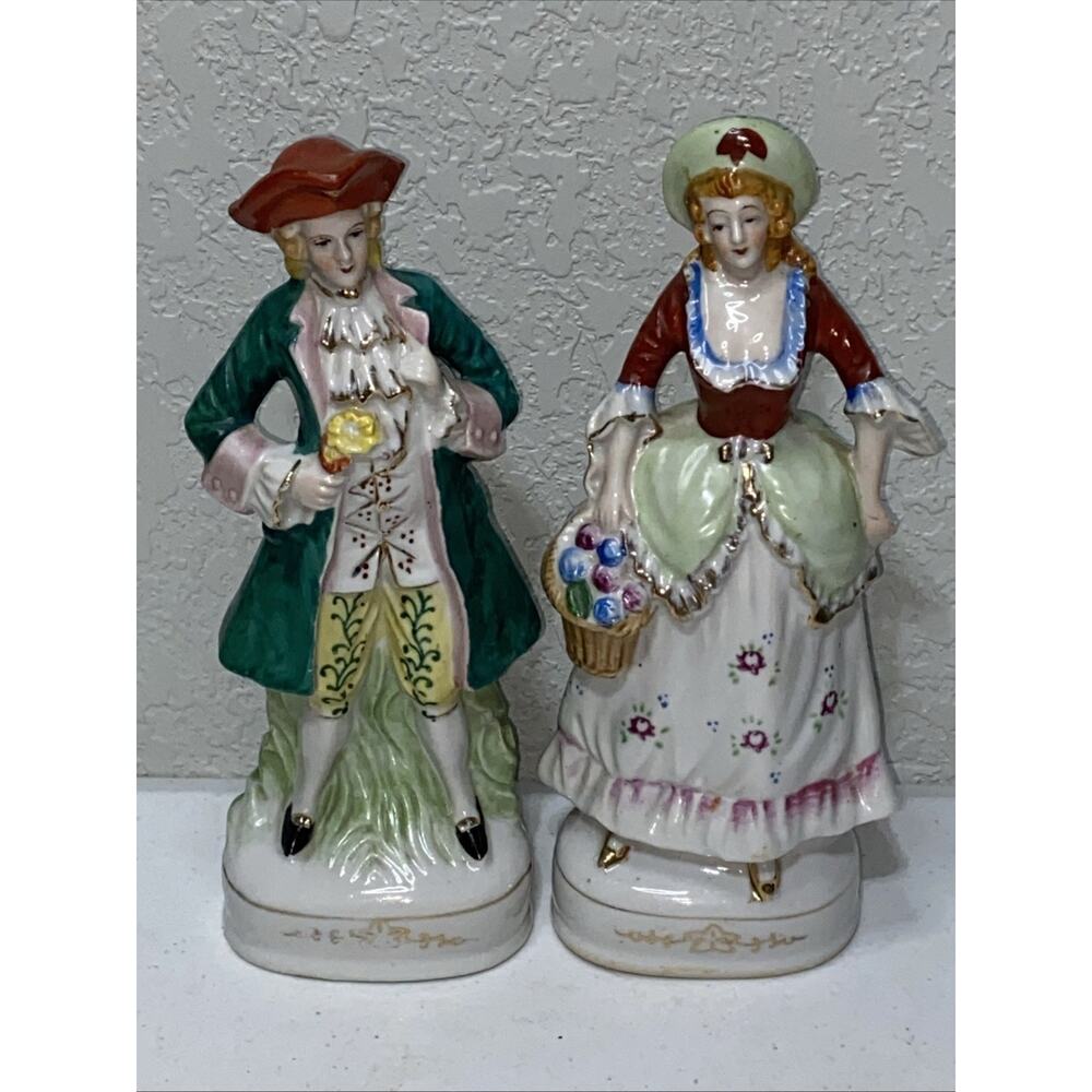 VTG Made In Occupied Japan Porcelain Victorian Colonial Couple Set 2 Figurines